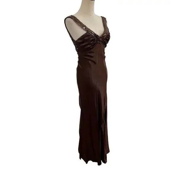 Vtg 90s Zum Zum brown satin dress sequin straps evening gown ruched low  back 3/4